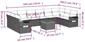 11 pcs conjunto sofás de jardim c/ almofadões vime PE bege