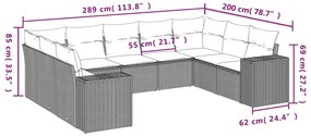 9 pcs conjunto sofás p/ jardim com almofadões vime PE cinzento