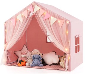 Tenda infantil com 2 cortinas de tecido e rede, luzes de estrelas, 2 janelas respiráveis e almofada de algodão rosa