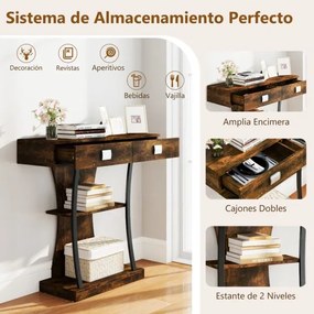 Mesa de Consola para Espaços Pequenos Mesa de Entrada em Forma de T com 2 Gavetas Estante de 2 Níveis Kits Anti-Tipo de 2 Níveis Mesa Industrial Casta