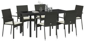 Conjunto de Jantar de Jardim com 7 Peças e Almofadas Preto Rattan Sint
