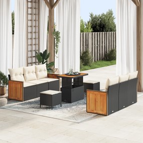 Conjunto de Sofá de Jardim vidaXL 9 Peças com Almofadas Preto Vime Acácia