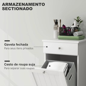 Armário de Casa de Banho com Cesto de Roupa Suja Basculante Móvel para Roupa Suja com Saco de Tecido Dobrável e Gaveta Branco 40x38x90 cm