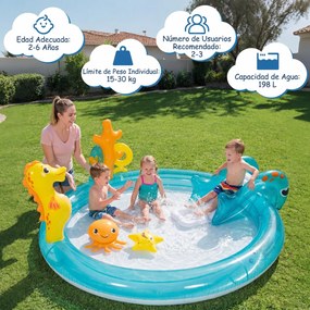 Piscina insuflável 207 x 168 x 77 cm infantil com escorrega, pulverizador, cavalo-marinho e conjunto de aros com tema marítimo para crianças dos 2 aos