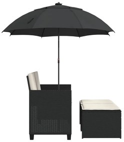 Sofá de jardim 2 lugares com guarda-sol e bancos vime PE preto
