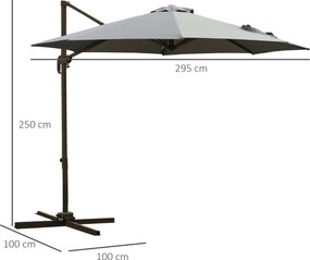 Guarda-sol octogonal inclinável Ø 3 x 2,5 m, com rotação de 360°, base em cruz, 8 cordas, manivela incluída, estrutura em alumínio e aço, cinzento