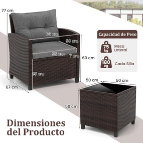 Conjunto Jardim de 3 peças em rattan com almofada lavável para jardim, piscina e varanda 67 x 67 x 76 cm Castanho e Cinzento