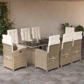 9 pcs conjunto de jantar p/ jardim com almofadões vime PE bege