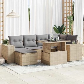 7 pcs conjunto de sofás p/ jardim com almofadões vime PE bege