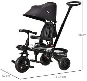 Triciclo Infantil 4 em 1 Bicicleta para Crianças 1-5 Anos com Assento Giratório Capô Ajustável Guidão de Empurre e Apoio para os Pés Dobrável 111,5x52