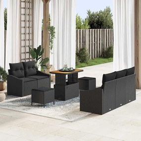 Conjunto de Sofá de Jardim vidaXL com Almofadas Preto Rattan Poliéster Acácia