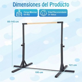 Barra de ginástica ajustável 85-145 cm 12 níveis Estrutura metálica Base antiderrapante para maiores de 3 anos Preto