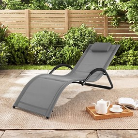 Espreguiçadeira de exterior com estrutura curva, apoio para a cabeça removível e apoios de braços ergonómicos, para jardim ou praia cinzenta
