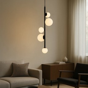 Candeeiro suspenso de design preto com vidro fosco 5 luzes - Vertical