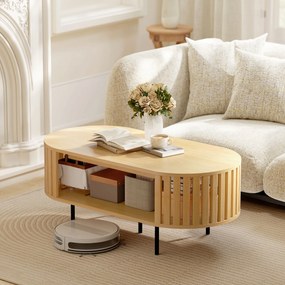 Mesa de centro oval 100 x 50 x 40 cm, mesa de sala com espaço de arrumação, cantos arredondados, design em ripas efeito de madeira natural