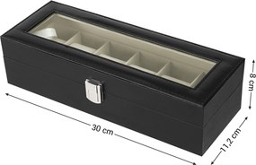 Caixa para relógios 30 x 11,2 x 8 cm com tampa de vidro revestimento em preto, forro em veludo bege