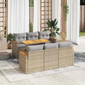 7 pcs conjunto sofás jardim com almofadões vime PE/acácia bege