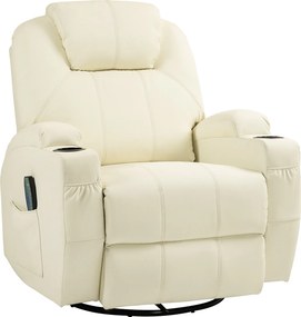 HOMCOM Poltrona relax com função de massagem, encosto reclinável, giratória, até 150 kg, couro sintético, Creme branco | Aosom Portugal