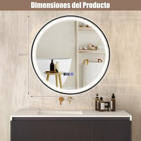 Espelho de casa de banho redondo Espelho de toucador com luz LED de 3 cores Função de memória Leitura do tempo de embaciamento e da temperatura 60 x 6