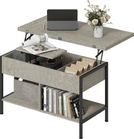 Mesa de centro elevável e extensível 98 x 49 x 55 cm,, com compartimento oculto e prateleiras abertas, cinzenta
