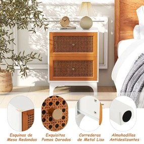 Mesa de cabeceira de vime com 2 gavetas decorada com rattan tecido à mão e pernas de madeira maciça para o quarto Branco + castanho