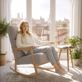 Cadeira Baloiço Moderna em Borrego com Apoio para os Braços de Madeira de Faia Poltrona de Amamentação 65x90x98 cm Cinza