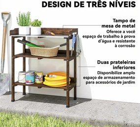 Mesa de Jardinagem de Madeira com Superfície Metálica Prateleiras e Ganchos para Jardim e Terraço 76x37x89 cm Carbonizado