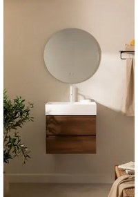 Conjunto De Móvel De Casa De Banho Em Madeira E Chapa De Freixo Com Lavatório Integrado Ona Madeira Escura & Ovalado Led E - Sklum
