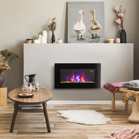 Lareira elétrica de parede 1000/2000 W 72,5 x 11,5 x 40 cm, lareira decorativa com efeito de chama em 7 cores ajustáveis, , preta