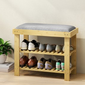 Banco Sapateira de Bambu Sapateira com Assento Almofadado 2 Prateleiras para 6 Pares de Sapatos 60x29x49 cm Madeira e Cinzento
