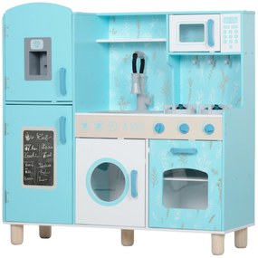 AIYAPLAY Cozinha Criança Cozinha de Madeira Infantil com Sons Fogão Forno Micro-Ondas Máquina Gelo e Acessórios 90x33,3x91,6 cm Azul | Aosom Portugal