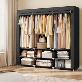 Guarda roupa de tecido 45 x 188 x 176 cm com 3 compartimentos suspensos, preto