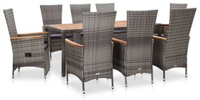 vidaXL 9 pcs conjunto jantar exterior c/ almofadões vime PE cinzento