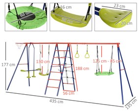 Conjunto de Baloiços para Crianças de Metal 6 em 1 Baloiços para Crianças de 3-12 Anos com 2 Baloiços Cesta de Basquetebol Baloiço Duplo Escada e Argo