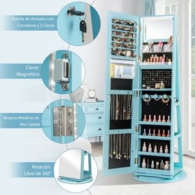 Armário joias giratório com Espelho de corpo inteiro 360° com luzes LED Prateleiras de armazenamento 54,5 x 161 cm Azul