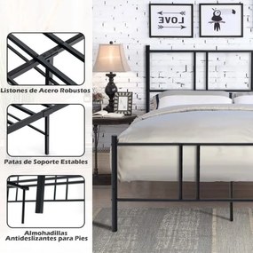Estrutura de cama casal em metal com cabeceira, ripas de aço para colchão 160 x 200 cm preto, COLCHÃO NÃO INCLUÍDO