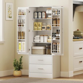 Armário alto de cozinha 60 x 40 x 159 cm com2 portas, 8 suportes para especiarias, 2 gavetas, prateleiras ajustáveis, , branco