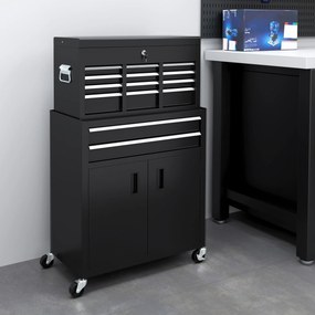 Carro de Ferramentas com Baú Superior, 6 Gavetas, Armário, Fechadura e 4 Ganchos para Garagem e Casa, Preto