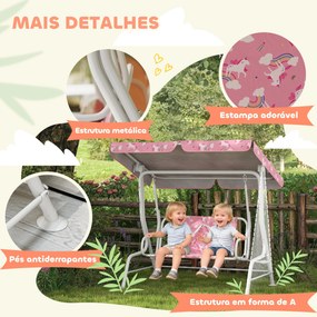 Baloiço de Jardim Exterior Infantil de 2 Lugares com Toldo Ajustável, Cintos de Segurança e Design de Unicórnio e Arco-Íris Rosa