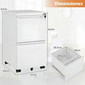 Armário de arquivo escritório móvel com 2 gavetas 44 x 37 x 67 cm, fechadura e 5 rodas, em metal, para arquivos de tamanho Carta, A4 e Legal, para esc