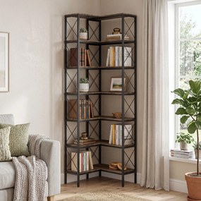 Estante de canto com 6 prateleiras 60 x 60 x 200 cm, móvel de arrumação em metal para sala de estar, quarto, escritório, castanho rústico e preto