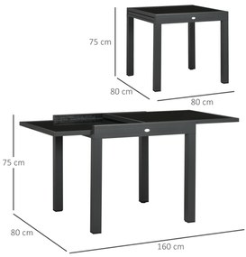 Mesa de Jardim Extensível de Alumínio com Bancada de Vidro Temperado 160x80x75 cm Preto