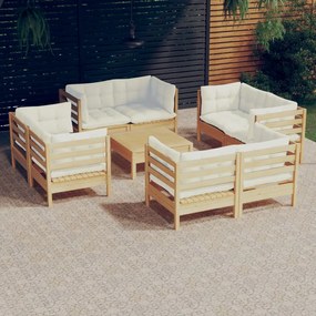 vidaXL 9 pcs conjunto lounge jardim c/ almofadões cor creme pinho
