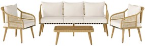 Conjunto de Jardim em Vime com Almofadas Móveis de Exterior com 2 Poltronas Sofá de 3 Lugares Mesa Creme e Madeira