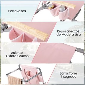 Cadeira de praia dobrável 3 em 1 com orifício para o rosto, apoio para os pés, encosto reclinável e transportável para apanhar sol, Rosa