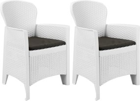 vidaXL Cadeiras jardim c/ almofadão 2 pcs plástico branco aspeto vime