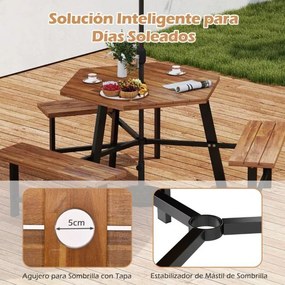 Conjunto de mesa e bancos para 6 pessoas em madeira de acácia com 3 assentos, orifício para guarda-sol e estrutura metálica castanha e preta