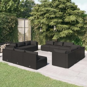 vidaXL 12 pcs conjunto lounge de jardim c/ almofadões vime PE preto