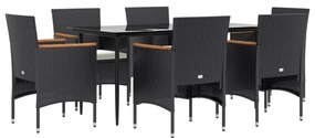 7 pcs conjunto de jantar para jardim com almofadões preto