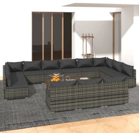 vidaXL 13 pcs conjunto lounge de jardim c/ almofadões vime PE cinzento